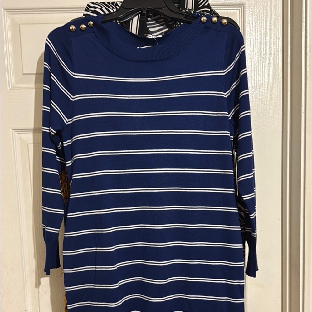 NWT Navy Blue Striped Sweater Dress with Button Detail size pXL